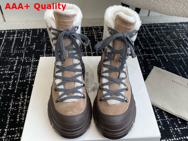 Brunello Cucinelli Suede Calfskin and Shearling Mountain Boots with Shiny Detail Light Grey Replica