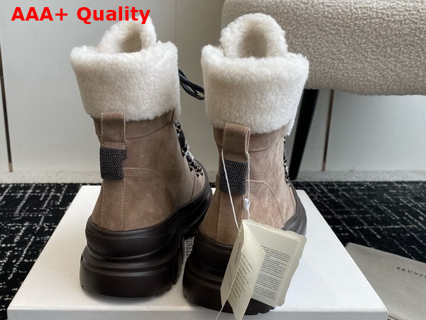 Brunello Cucinelli Suede Calfskin and Shearling Mountain Boots with Shiny Detail Light Grey Replica