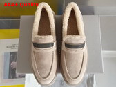 Brunello Cucinelli Suede Penny Loafers with Shearling Lining and Precious Insert Beige Replica