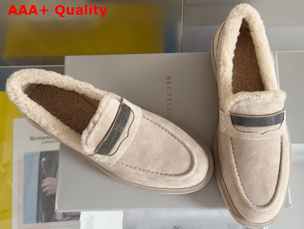 Brunello Cucinelli Suede Penny Loafers with Shearling Lining and Precious Insert Beige Replica