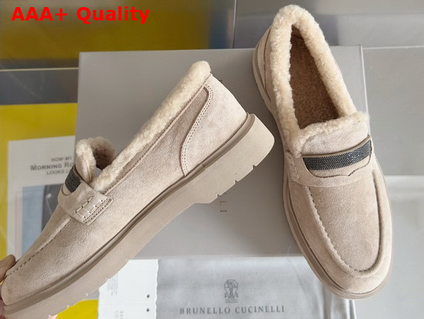 Brunello Cucinelli Suede Penny Loafers with Shearling Lining and Precious Insert Beige Replica