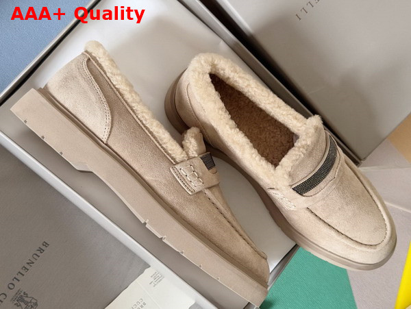 Brunello Cucinelli Suede Penny Loafers with Shearling Lining and Precious Insert Beige Replica