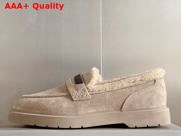 Brunello Cucinelli Suede Penny Loafers with Shearling Lining and Precious Insert Beige Replica