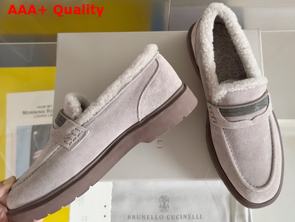 Brunello Cucinelli Suede Penny Loafers with Shearling Lining and Precious Insert Light Grey Replica