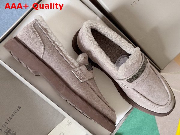 Brunello Cucinelli Suede Penny Loafers with Shearling Lining and Precious Insert Light Grey Replica