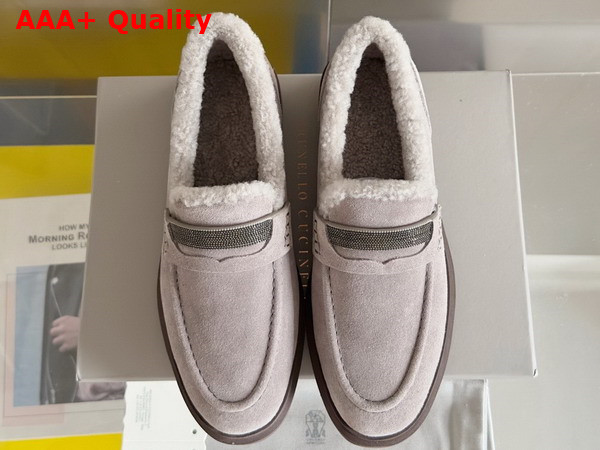 Brunello Cucinelli Suede Penny Loafers with Shearling Lining and Precious Insert Light Grey Replica