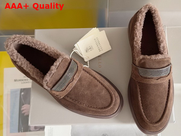 Brunello Cucinelli Suede Penny Loafers with Shearling Lining and Precious Insert Tobacco Replica