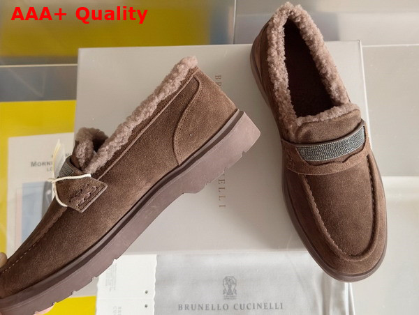 Brunello Cucinelli Suede Penny Loafers with Shearling Lining and Precious Insert Tobacco Replica