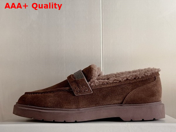 Brunello Cucinelli Suede Penny Loafers with Shearling Lining and Precious Insert Tobacco Replica