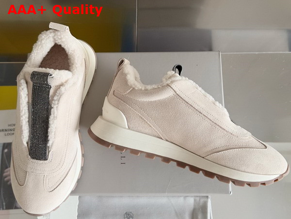 Brunello Cucinelli Suede Runners with Shearling Lining and Precious Detail Beige Replica