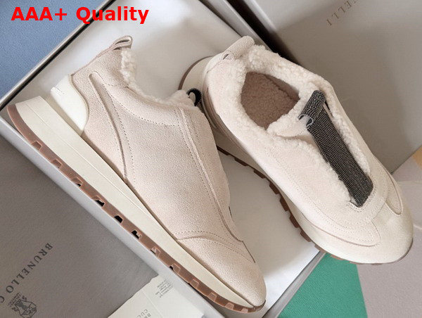 Brunello Cucinelli Suede Runners with Shearling Lining and Precious Detail Beige Replica