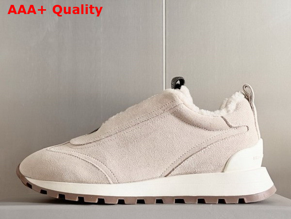 Brunello Cucinelli Suede Runners with Shearling Lining and Precious Detail Beige Replica