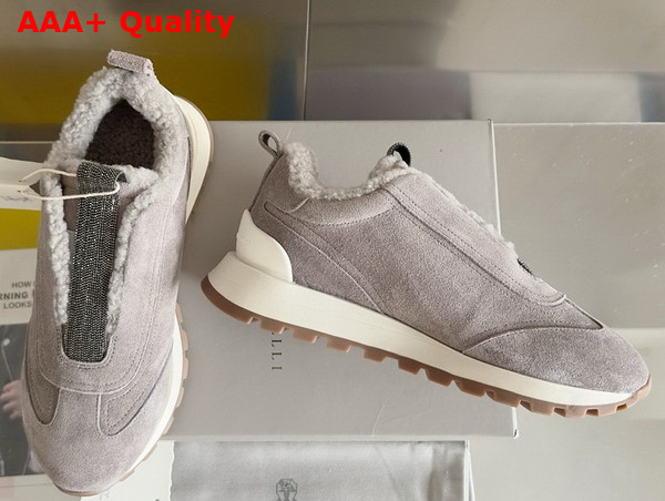 Brunello Cucinelli Suede Runners with Shearling Lining and Precious Detail Light Grey Replica