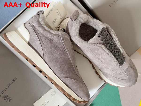 Brunello Cucinelli Suede Runners with Shearling Lining and Precious Detail Light Grey Replica