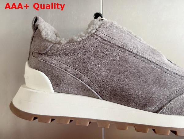 Brunello Cucinelli Suede Runners with Shearling Lining and Precious Detail Light Grey Replica