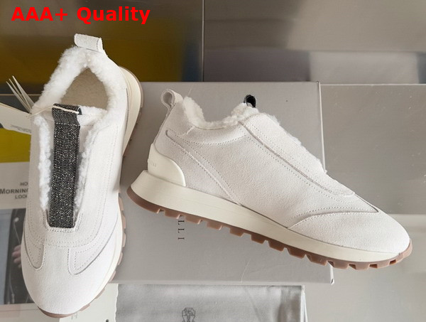 Brunello Cucinelli Suede Runners with Shearling Lining and Precious Detail White Replica