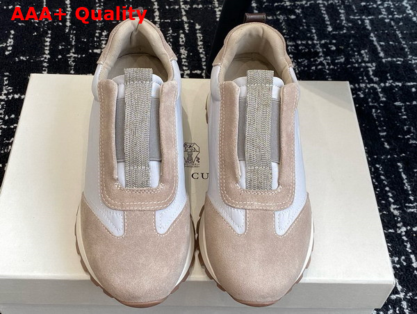 Brunello Cucinelli Suede and Techno Fabric Runners with Precious Detail Beige and Light Grey Replica