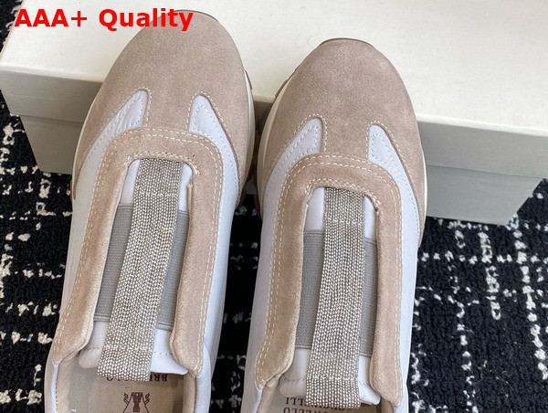 Brunello Cucinelli Suede and Techno Fabric Runners with Precious Detail Beige and Light Grey Replica