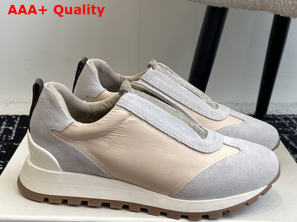 Brunello Cucinelli Suede and Techno Fabric Runners with Precious Detail Light Grey and Beige Replica