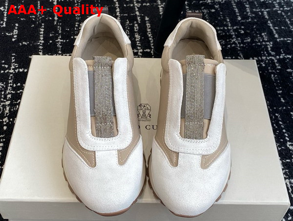 Brunello Cucinelli Suede and Techno Fabric Runners with Precious Detail White and Beige Replica