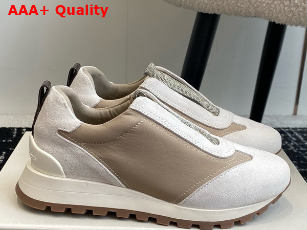 Brunello Cucinelli Suede and Techno Fabric Runners with Precious Detail White and Beige Replica