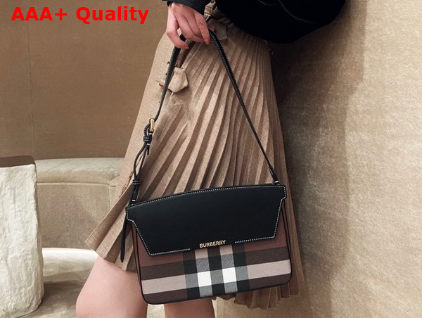 Burberry Catherine Shoulder Bag Dark Birch Brown Check Canvas and Black Leather Replica