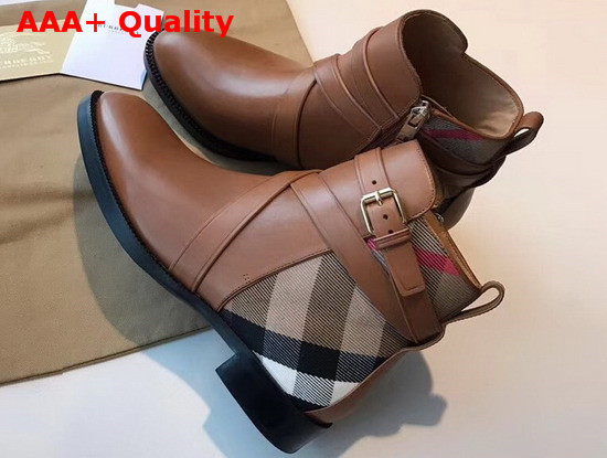 Burberry Check Detail Leather Ankle Boots in Brown Replica