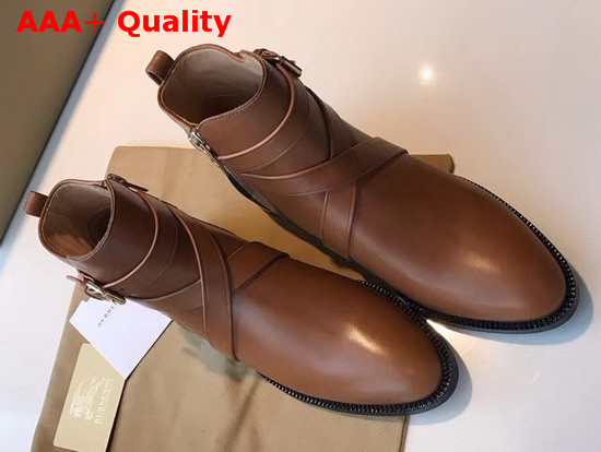 Burberry Check Detail Leather Ankle Boots in Brown Replica