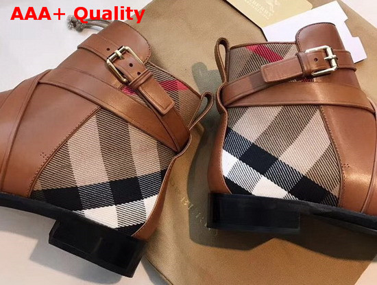 Burberry Check Detail Leather Ankle Boots in Brown Replica