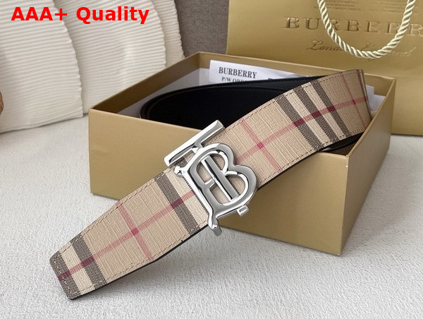 Burberry Check and Leather Reversible TB Belt Archive Beige Silver Replica