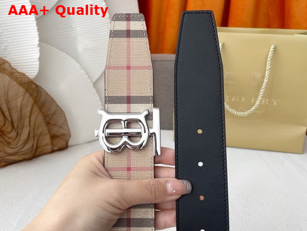 Burberry Check and Leather Reversible TB Belt Archive Beige Silver Replica