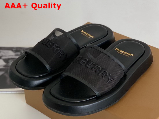 Burberry Embroidered Logo Mesh and Leather Slides in Black Replica