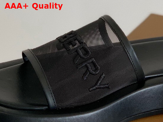 Burberry Embroidered Logo Mesh and Leather Slides in Black Replica