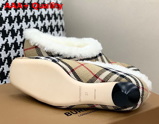 Burberry Latticed Cotton Kitten Heel Pumps with Shearling Lining Archive Beige Replica