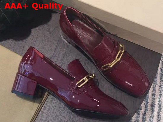 Burberry Link Detail Patent Leather Block Heel Loafers in Burgundy Red Replica