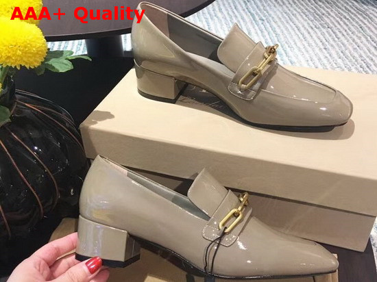 Burberry Link Detail Patent Leather Block Heel Loafers in Taupe Grey Replica