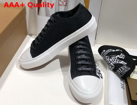 Burberry Logo Print Cotton Gabardine Sneakers Black and Optic White Replica