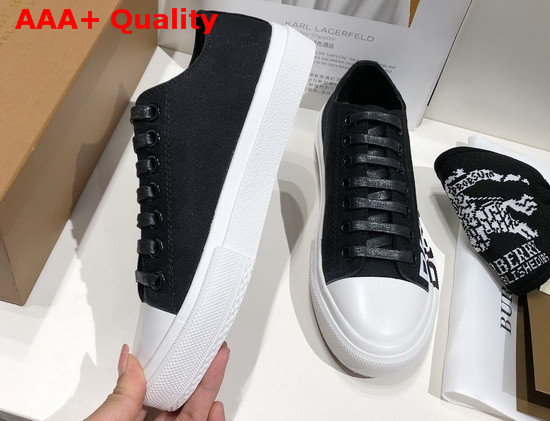 Burberry Logo Print Cotton Gabardine Sneakers Black and Optic White Replica