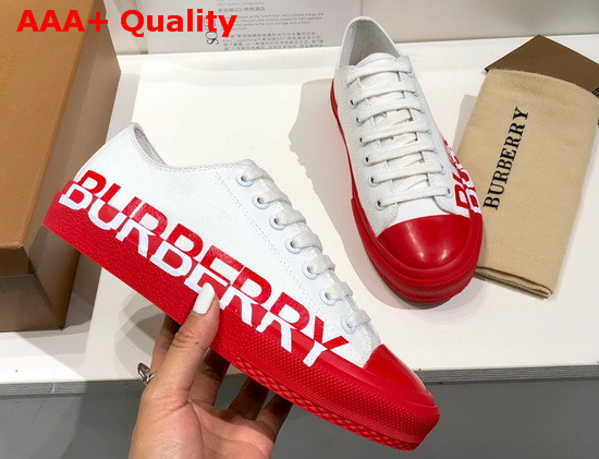 Burberry Logo Print Tow Tone Cotton Gabardine Sneakers Optic White and Red Replica