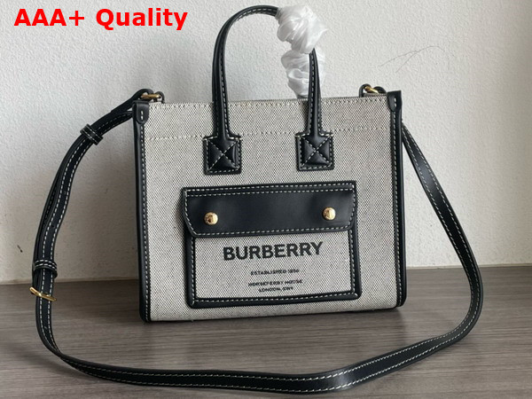 Burberry Mini Freya Tote in Cotton Canvas Trimmed with Topstitched Leather Natural and Black Replica