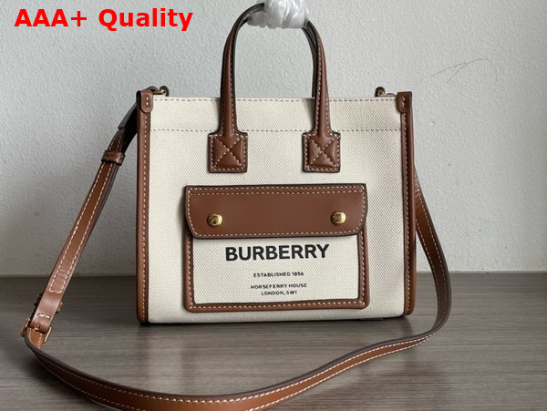 Burberry Mini Freya Tote in Cotton Canvas Trimmed with Topstitched Leather Natural and Tan Replica