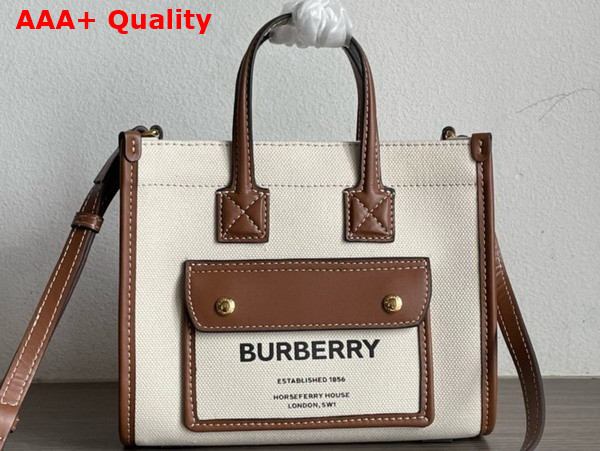 Burberry Mini Freya Tote in Cotton Canvas Trimmed with Topstitched Leather Natural and Tan Replica