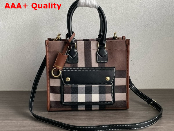 Burberry Mini Freya Tote in Dark Birch Brown Burberry Check Trimmed with Topstitched Leather Replica