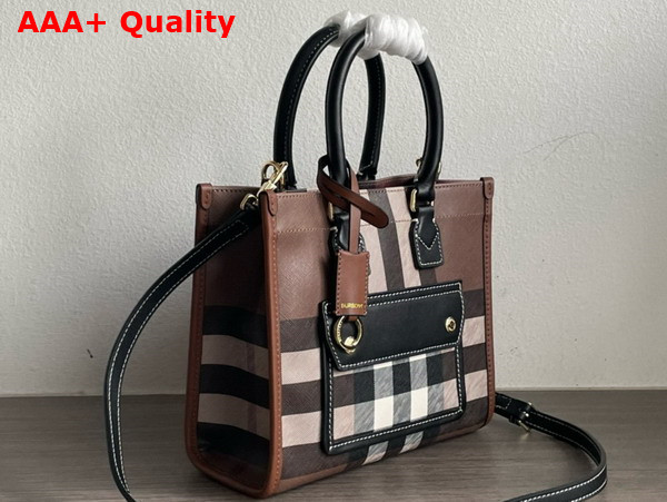 Burberry Mini Freya Tote in Dark Birch Brown Burberry Check Trimmed with Topstitched Leather Replica