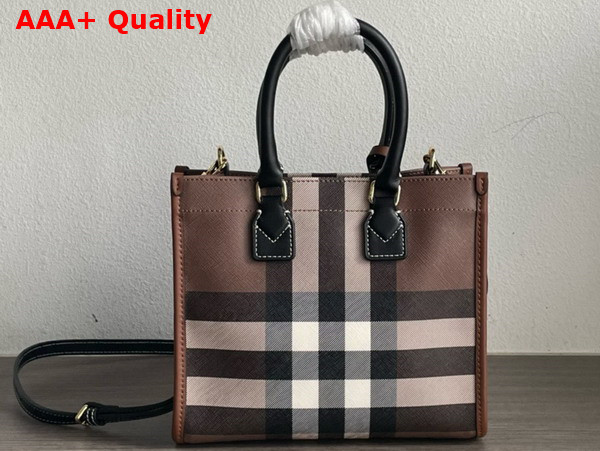 Burberry Mini Freya Tote in Dark Birch Brown Burberry Check Trimmed with Topstitched Leather Replica