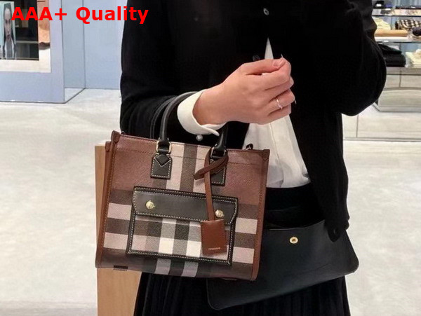 Burberry Mini Freya Tote in Dark Birch Brown Burberry Check Trimmed with Topstitched Leather Replica