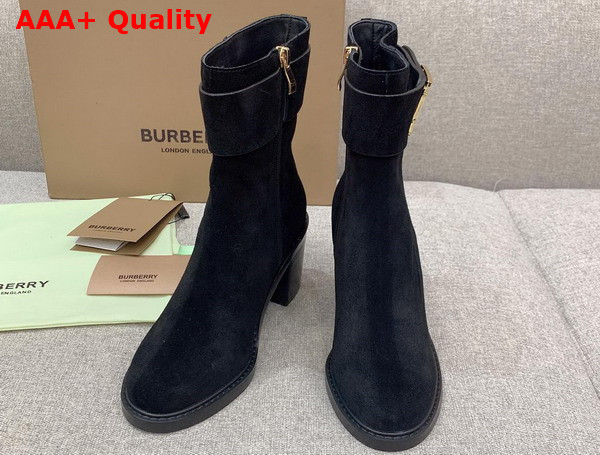 Burberry Monogram Motif Suede Block Heel Boots in Black Replica