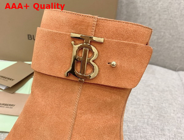 Burberry Monogram Motif Suede Block Heel Boots in Brown Replica