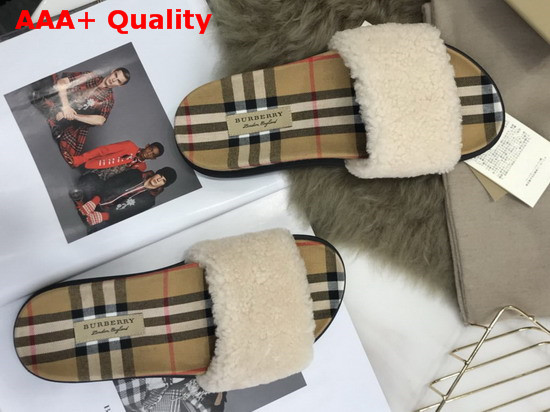 Burberry Shearling and Vintage Check Slides Natural Replica