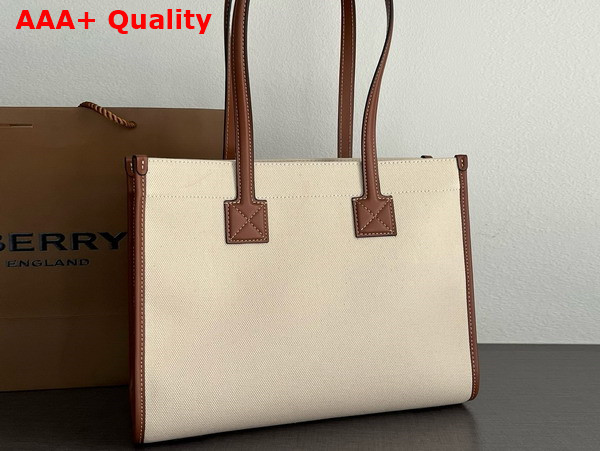 Burberry Small Freya Tote in Cotton Canvas Trimmed with Topstitched Leather Natural and Tan Replica